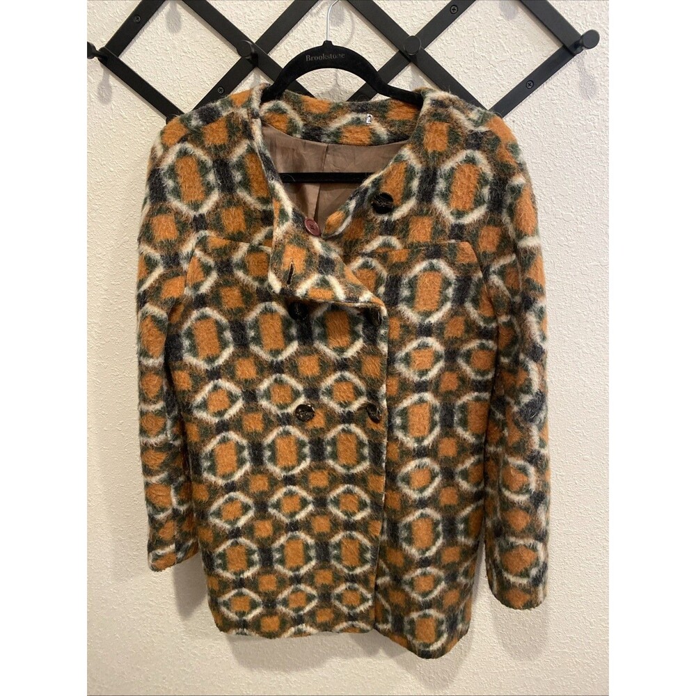 Sas la Fee Mohair Wool Overcoat Geometric Orange Sz S/M Womens Made in Italy